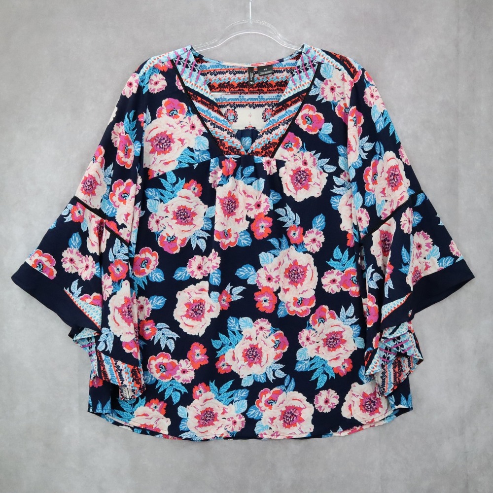 New Direction Boho‎ Floral Blouse Bell Sleeve V-Neck Tunic Top Navy Pink Plus 2X